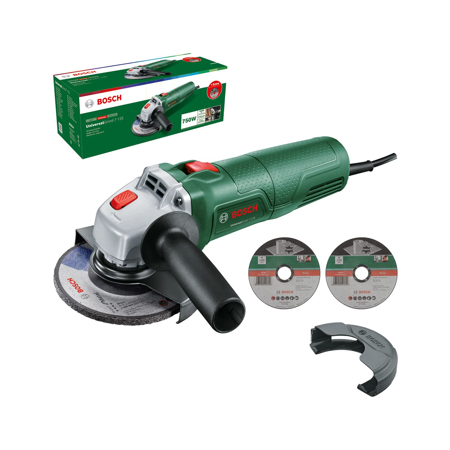 Amoladora Bosch UniversalGrind 7-125 (Motor 750W, disco 125mm, ajuste rápido de caperuza, empuñadura ergonómica, en Amazon España)