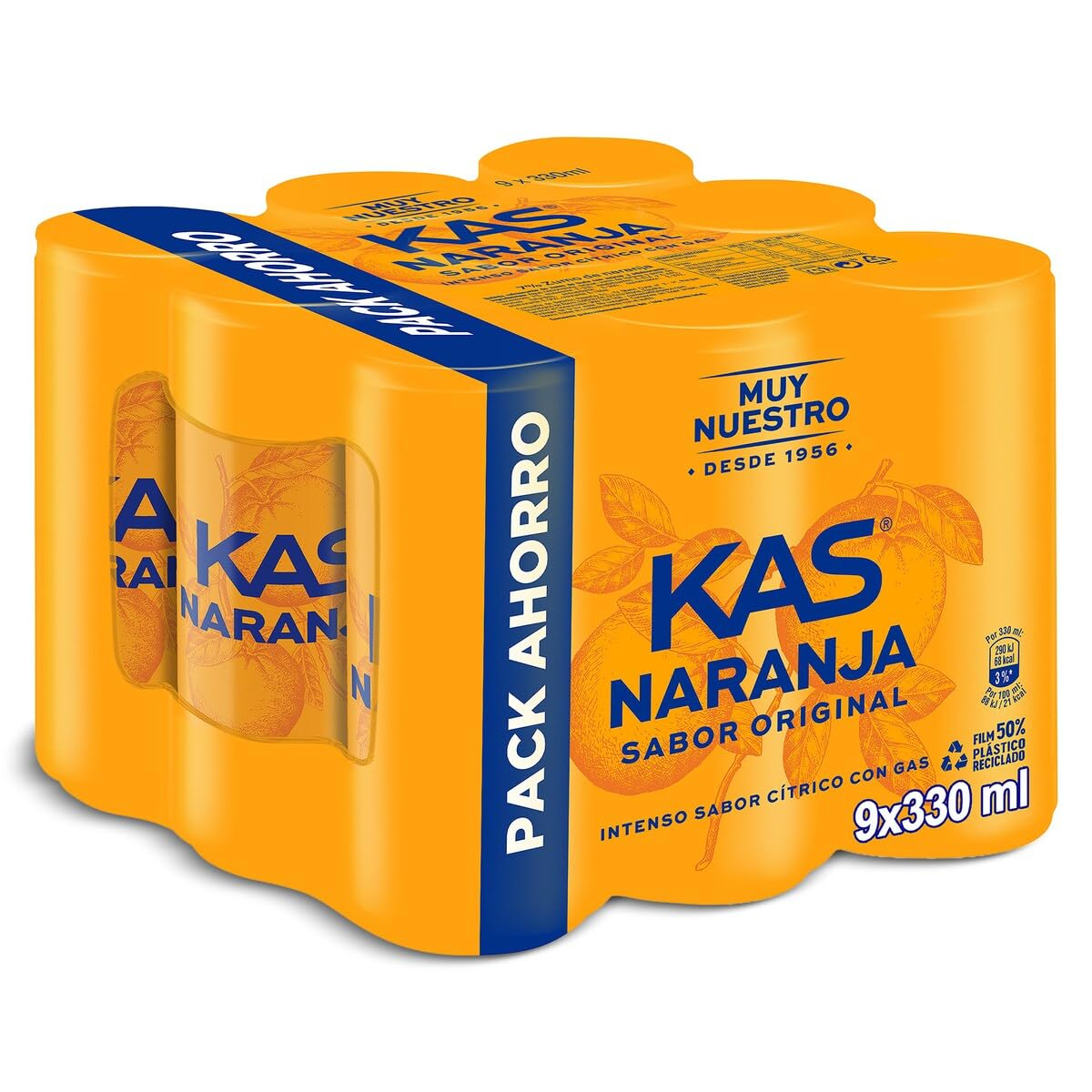 Kas naranja Refresco con zumo de naranja, pack de 9 latas de 330 ml, 2.97 litros en total
