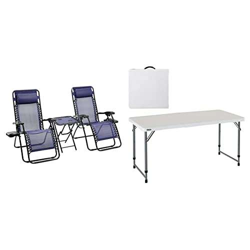 Amazon Basics Lote de 2 sillas con Gravedad Cero + mesa auxiliar + Mesa plegable ultrarresistente Uv100, 122X61X56-91,5 Cm