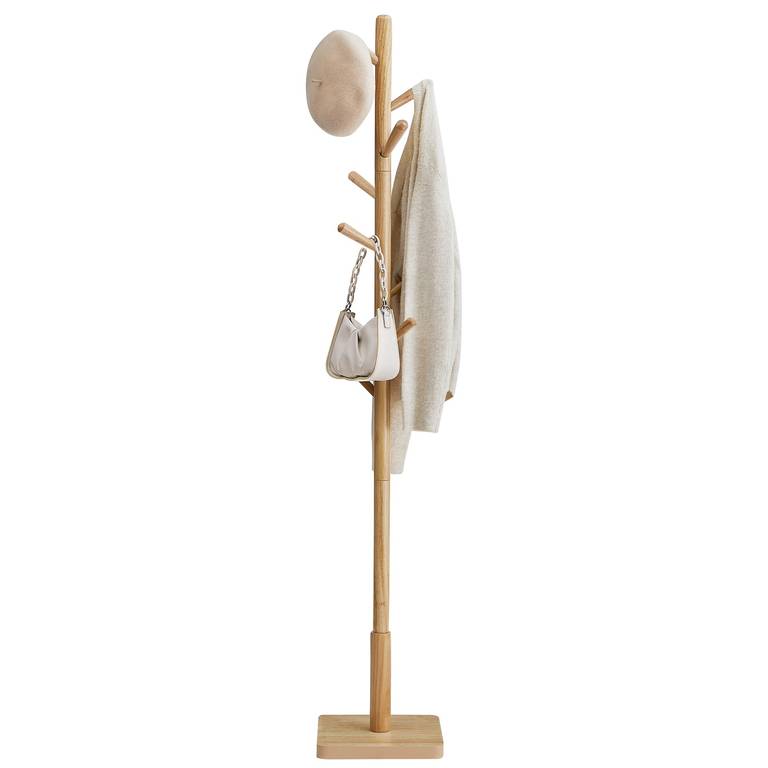 Perchero de Madera Maciza VASAGLE (8 Ganchos Ajustables, Madera de Caucho, Diseño de Árbol, Color Beige Natural)