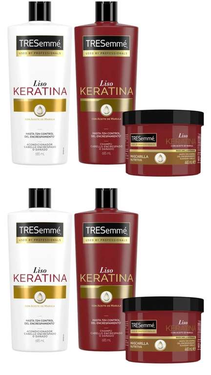 2 X TRESemmé Pack Liso Keratina para pelo con aceite de Marula y Keratina, Champú 685ml, Acondicionador 685ml y Mascarilla 300ml