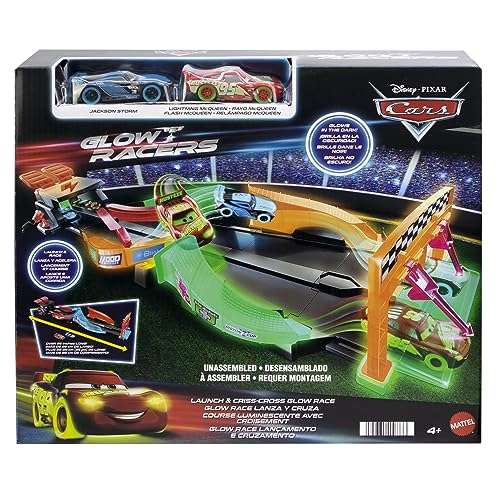 Mattel Disney Pixar Cars Night Racing Pista para coches de juguete que brilla en la oscuridad, incluye 2 vehículos, +3 años