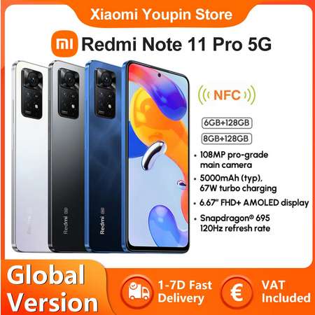 Xiaomi Redmi Note 11 Pro, versión Global, 5G, 6,67 ", FHD, AMOLED, cámara de 108MP, Snapdragon 695 - Desde Francia