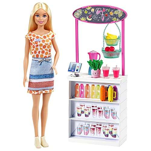 Barbie Puesto de Smoothies Muñeca rubia con accesorios y tienda para hacer zumos y batidos