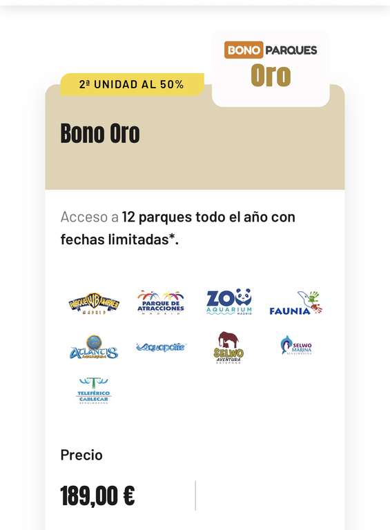 Bono parques 2ª unidad al 50% de descuento