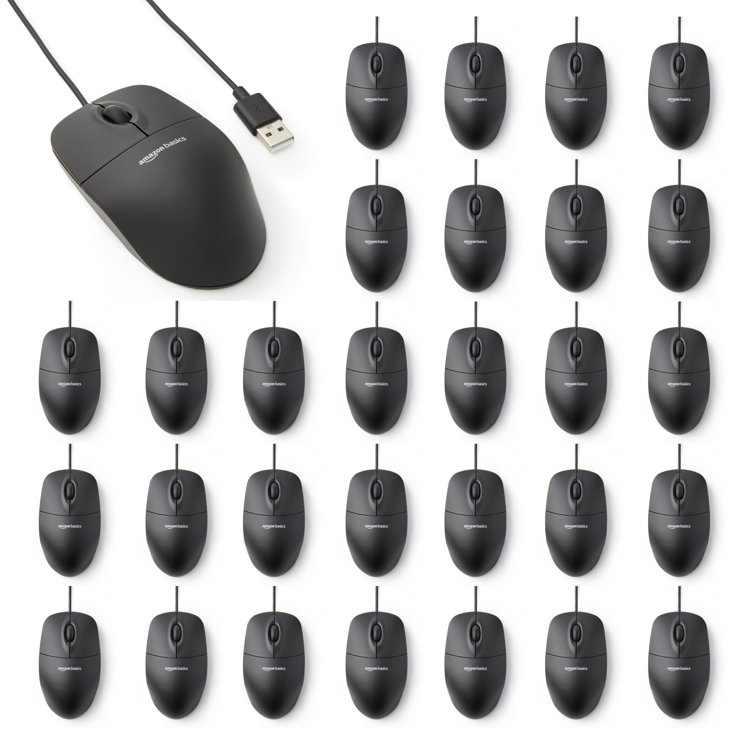 Amazon Basics Paquete de 30 Ratón con 3 Botones y Cable USB (Negro)