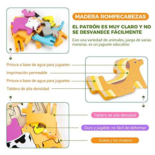 Puzzle Madera de Animales de Granja, HONGDDY Madera Rompecabezas para 3-8 Años Montessori Juguetes Educativos 3 años Regalo Cumpleaños ,,,