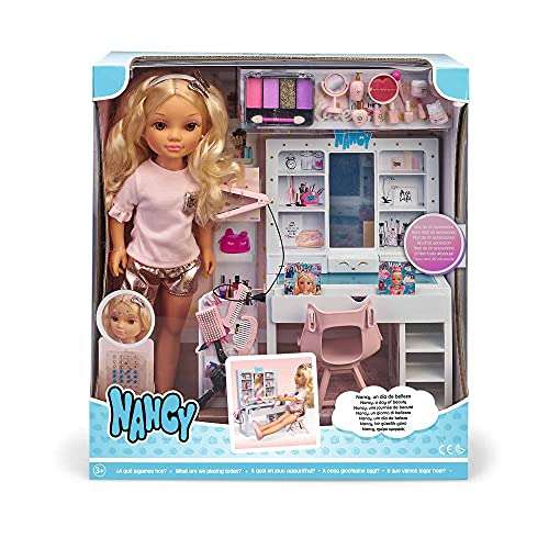 Nancy - Un día de belleza, muñeca de pelo rizado con un tocador de maquillaje y peinados, juego con accesorios y pegatinas para decorar