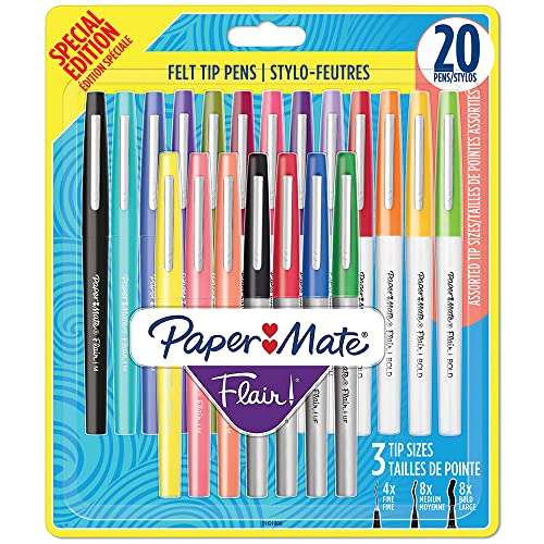 20 Rotuladores Paper Mate Flair punta de fieltro, Puntas gruesa (1,2 mm), media (0,7 mm) y ultrafina (0,4 mm) Colores variados