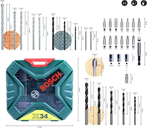Bosch 34 uds. Set de puntas de atornillar y brocas X-Line (para madera, mampostería y metal, accesorios para taladro y destornillador)