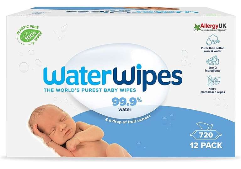 WaterWipes Toallitas de bebé (12 x 60 unidades), – 720 toallitas,,, 28€ compra recurrente