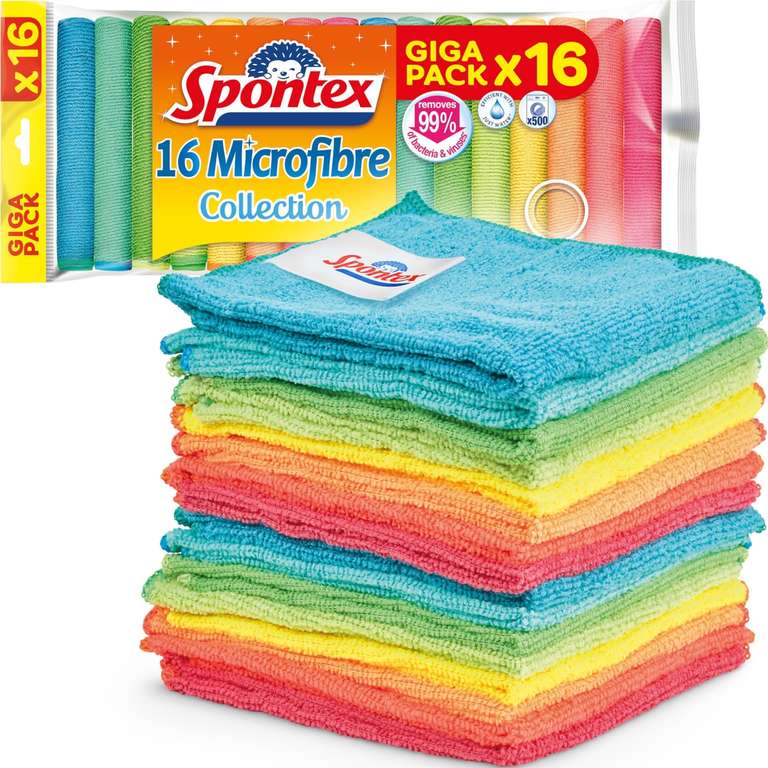 Spontex Paños de microfibra para limpieza|16 bayetas Microfibre. Para usar como trapos del polvo y paños de cocina| 30 x 30 cm, 16 unidades.