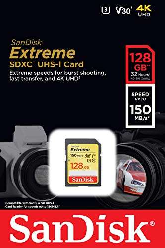 SanDisk Extreme 128GB SDXC Memory Card up to 150MB/s, Class 10, U3, V30 aplicar cupon