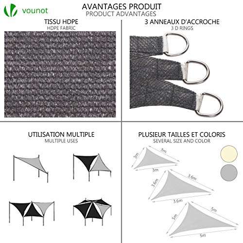 VOUNOT Toldo Vela de Sombra Triangular 3 x 3 x 3 m, Incluye 19 Kits de Montaje, Protección Rayos UV y HDPE Transpirable