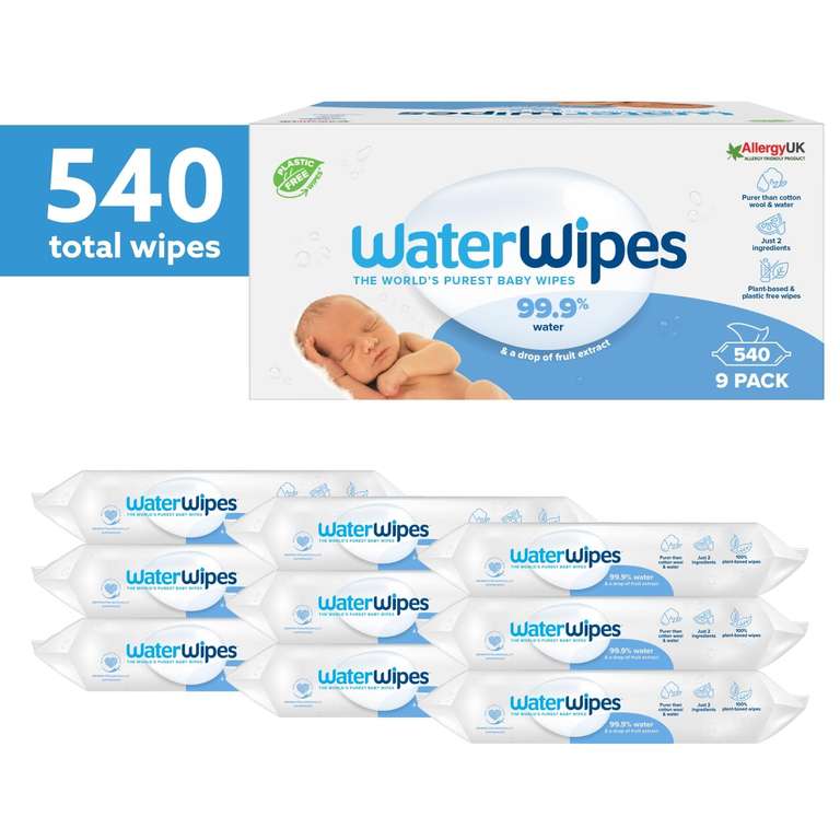 WaterWipes Toallitas húmedas Originales para Bebés, Sin Plástico, 540 unidades (Paquete de 9)
