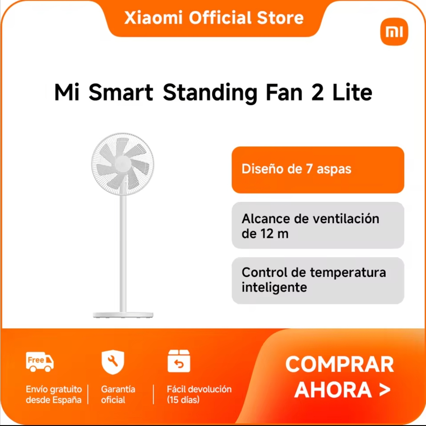 Official Mi Smart Standing Fan 2 Lite, Doble uso: sobremesa o suelo, Controla y disfruta la brisa, Altura ajustable Flujo de aire potente