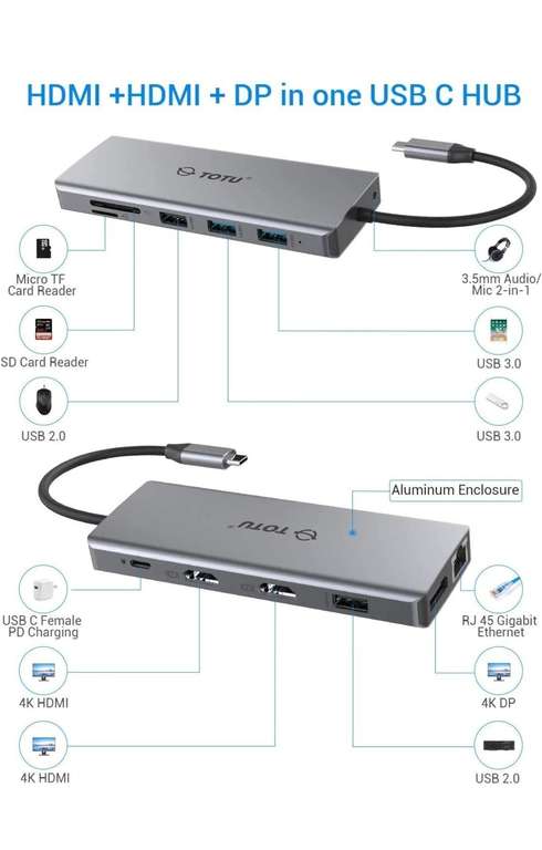 HUB TOTU USB Tipo C 12 en 1 (4 K Dual HDMI y DP, 75 W PD)