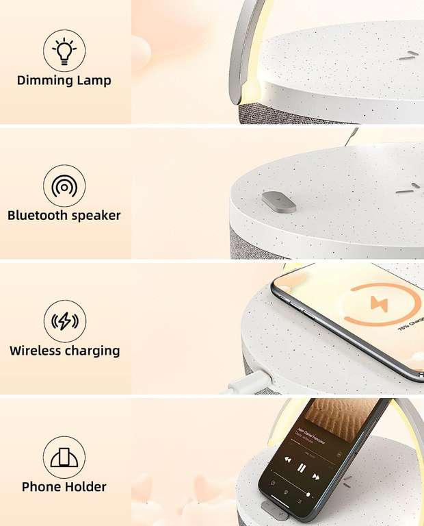 Lampara de Mesa con Carga Inalámbrica, Ajustable 3 Modos de Iluminación con Altavoz Bluetooth