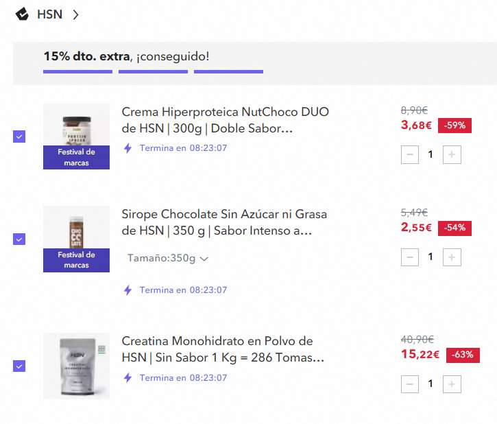 HSN Creatina 1kg + Crema Hiperproteica + Sirope de Chocolate