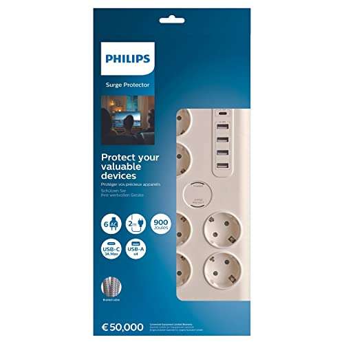 Philips - Regleta de 6 Enchufes Schuko, 4 Puertos USB 35W y 1 Tipo C, Bloq Alimentación, Cable Trenzado 2 Metros