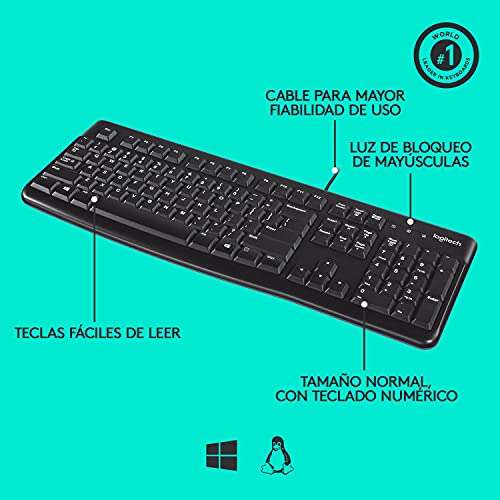 TecladoQWERTY español Logitech K120 con cable USB. Negro.