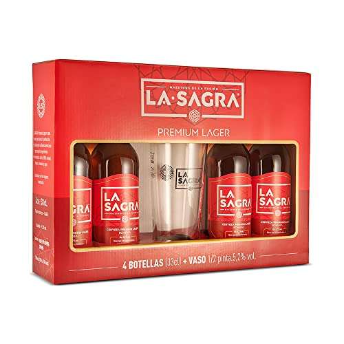 Pack Cerveza La Sagra Premium Lager 4 botellas 33cl + vaso 1/2 pinta, 3.42 kg