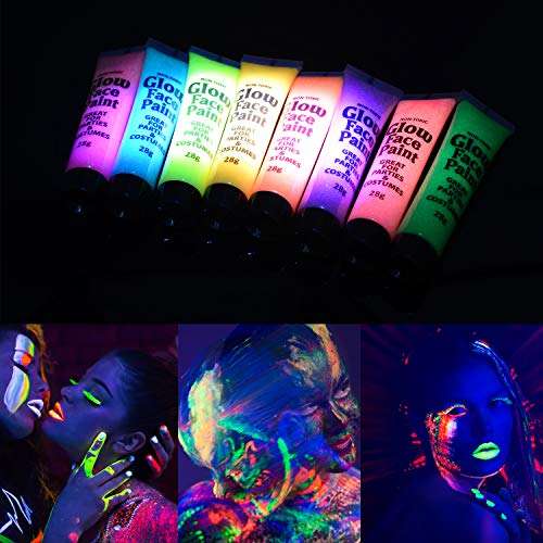 Herefun [8 X 25ml] UV Glow Pintura Corporal y Facial, Pintar Neón Fluorescente Color UV Luz Negra