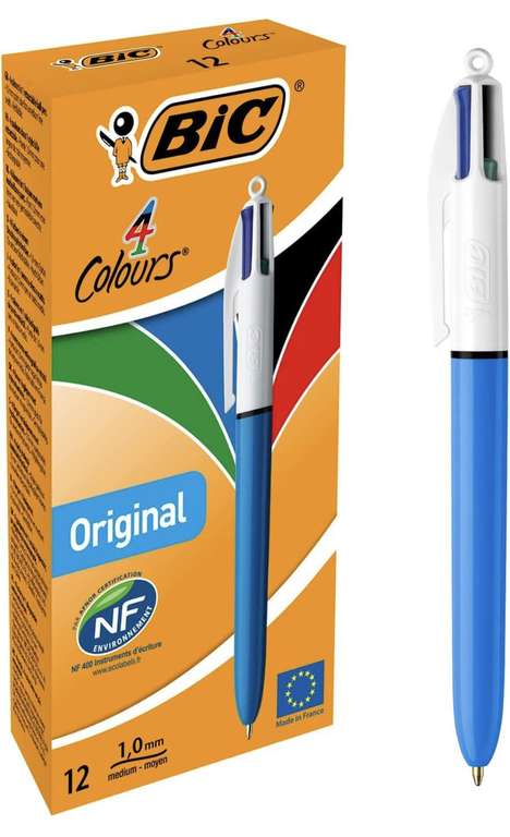 BIC 4 Colores Original, Caja de 12 bolígrafos retráctiles, Tinta negra, azul, roja y verde, Punta media (1,0 mm) sale a 1,11€ la unidad