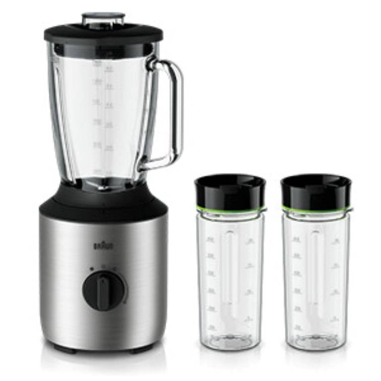 Braun JB 3272 SI PowerBlend 3 – Batidora de vaso (incluye 2 botellas Smothie2Go, recipiente de cristal de 1,5