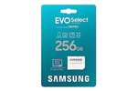 Samsung EVO Select 256GB, microSD, A2, V30, 130 MB/s.