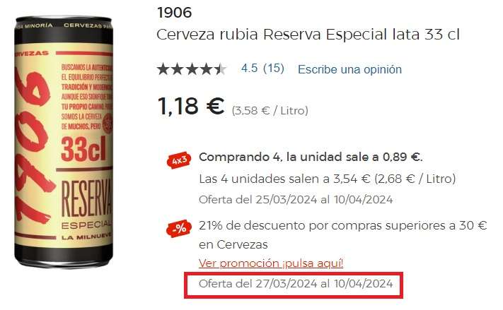 1906 Cerveza rubia Reserva Especial lata 44 x 33 cl. [0,699€/lata]