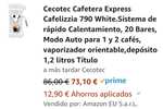 Cecotec Cafetera Express Cafelizzia 790 White.Sistema de rápido Calentamiento, 20 Bares, Modo Auto para 1 y 2 cafés, vaporizador orientable