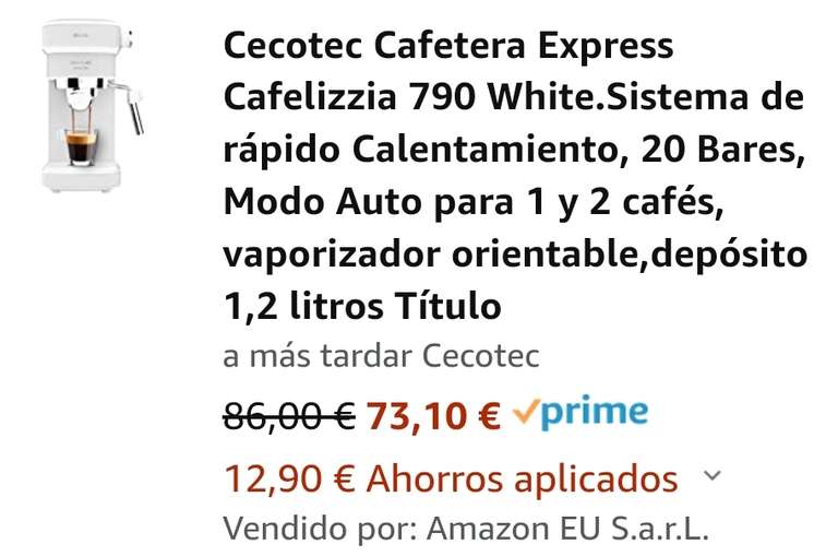 Cecotec Cafetera Express Cafelizzia 790 White.Sistema de rápido Calentamiento, 20 Bares, Modo Auto para 1 y 2 cafés, vaporizador orientable