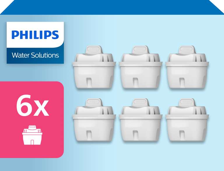 Philips Water Cartuchos de filtro de agua de repuesto, pack de 6 filtros, compatible con Brita