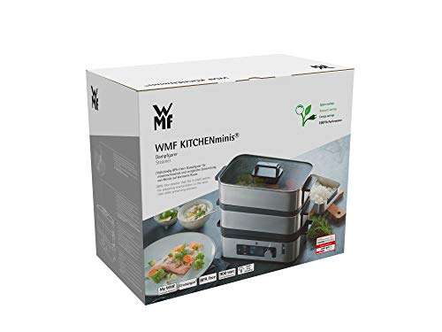 WMF Kitchenminis - Vaporera 900 W, 2 Zonas de Cocción y Función de Mantenimiento de la Calor, Acabados de Acero Inoxidable de Cromargan