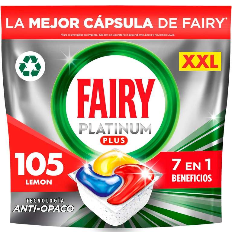 Fairy Platinum Plus Todo en Uno Pastillas Lavavajillas, 105 Cápsulas Lavavajillas (5 x 21), Fragancia Limón