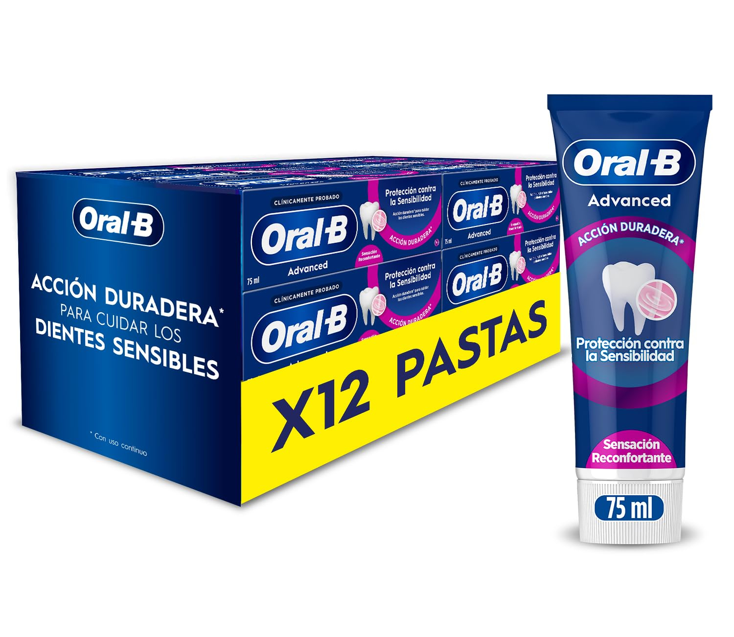 Oral-B Dentífrico Advanced Protección contra La Sensibilidad, Pack 12x75 ml. Pasta de Dientes con Fluoruro de Estaño para Dientes Sensibles