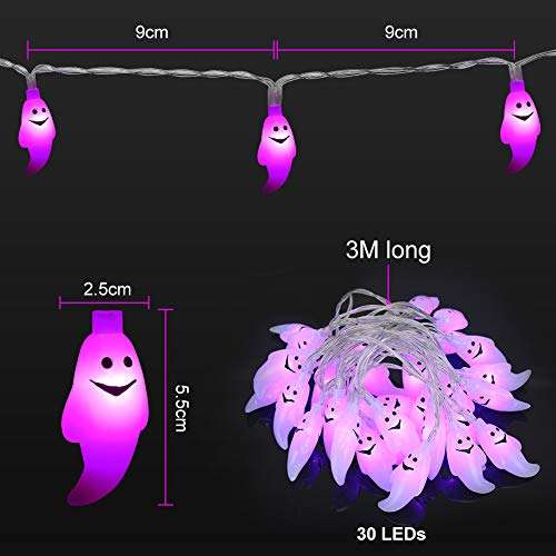 Guirnalda de luces de Halloween, 30 luces LED púrpura fantasma luces terribles temáticas para decoración de Halloween con mando a distancia