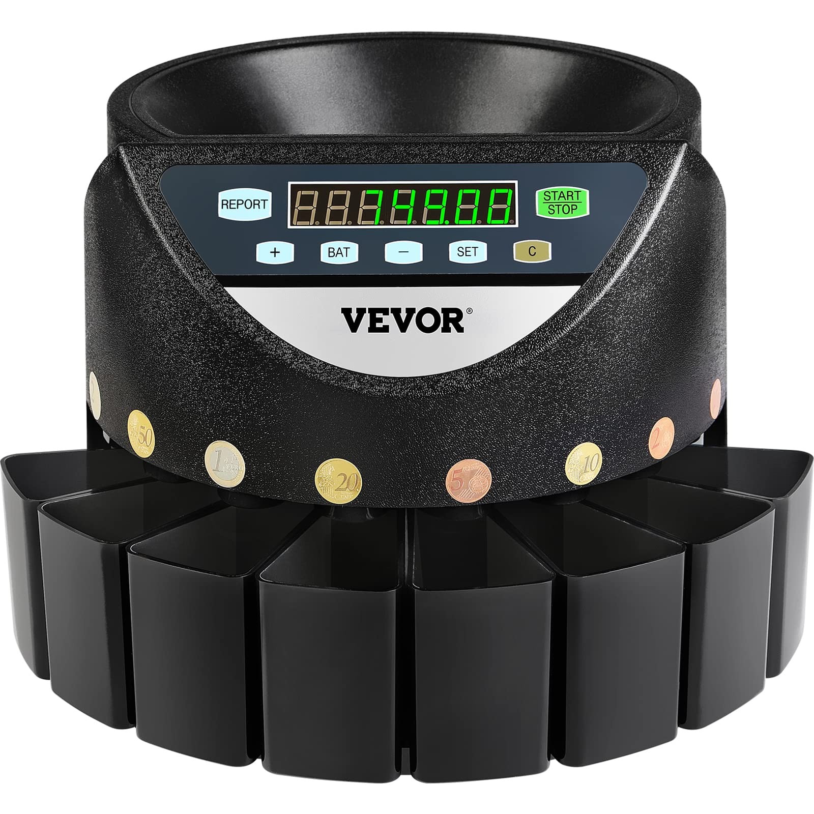 VEVOR Contador de Monedas Euro Profesional, 300 PCS por Minuto, Clasificador de Monedas Pantalla LED de 7 Dígitos