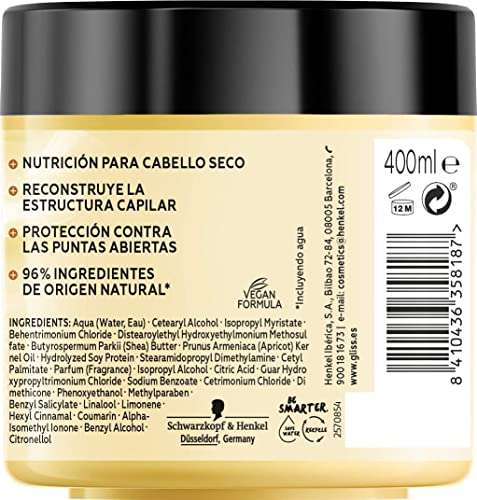 Gliss - Mascarilla Capilar Hidratante 4 En 1 - Para pelo dañado y/o débil - Con Manteca Karité, 400ml