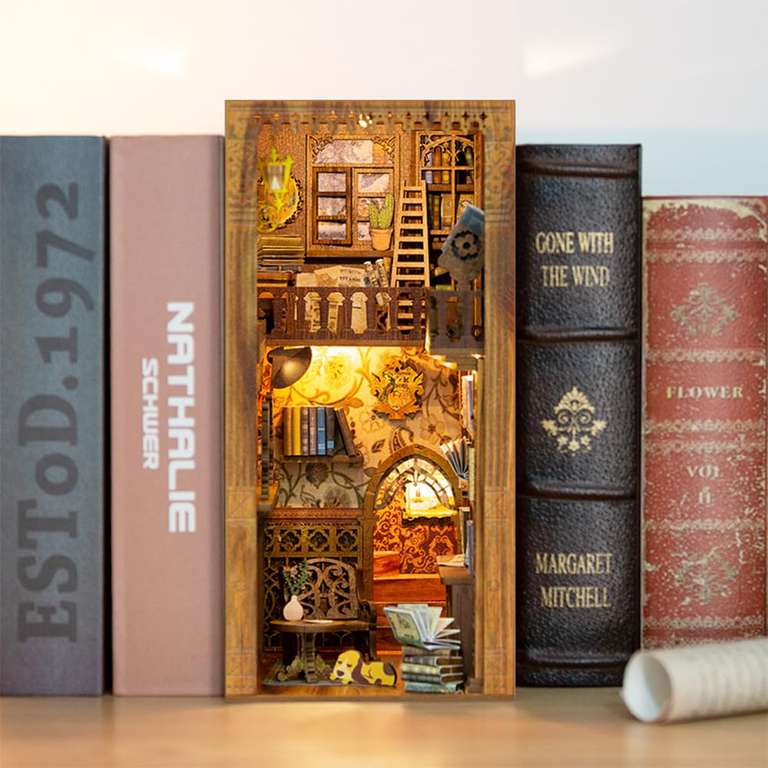 Book Nook 3D Madera Rompecabezas, Modelo de Esquina de Libro de Sujetalibros de Madera,Regalo con luz LED