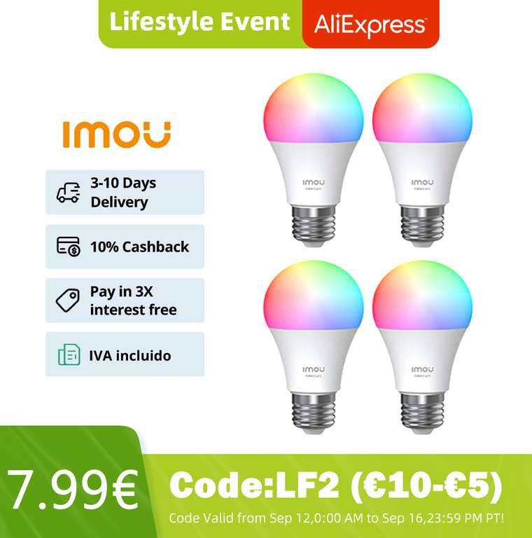 Pack 4 - Bombilla Inteligente LED E27 Wifi 220V Compatible Con Google Home/Alexa,Luz caliente, luz fría, RGB