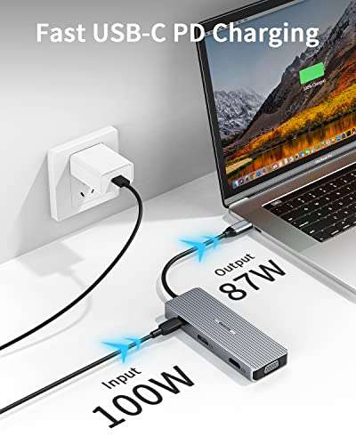 USB-C HUB Docking Station Dual Monitor, 9 en 1 HUB USB C con 2 HDMI 4K, VGA, 3 USB, 100W PD, SD/TF Compatible con Windows y macOS