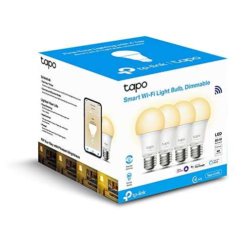 TP-Link TAPO L510E (4-Pack) - Bombilla LED Inteligente, Bombilla WiFi sin necesidad de Hub, Blanco Cálido 2700K, Regulable,E27, 8.7W/ 806lm