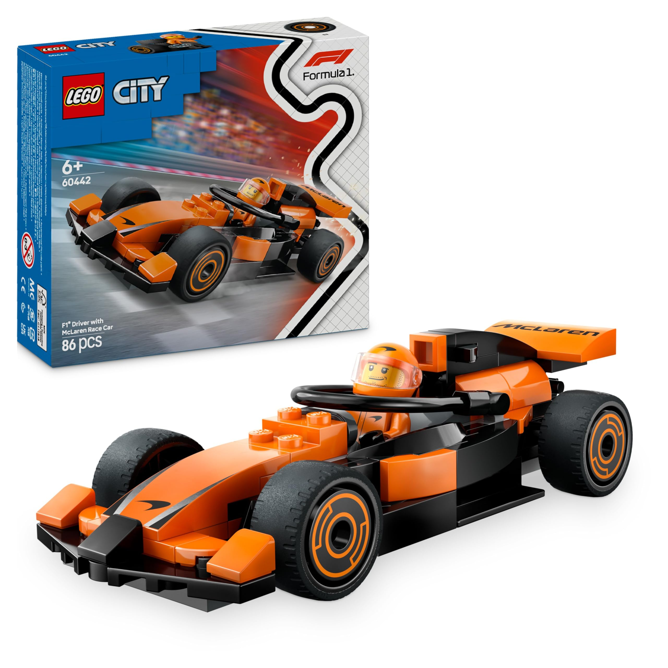 LEGO City Piloto F1 con Coche McLaren 60442 (Mini monoplaza Fórmula 1, minifigura piloto, carreras, juguete 6+ años, en Amazon)
