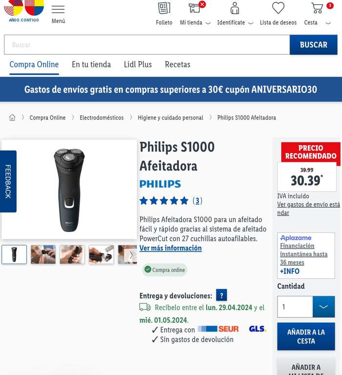 Philips AfeitadoraS1000 para un afeitado fácil y rápido gracias al sistema de afeitado PowerCut con 27 cuchillas autoafilables(Factori Lidl)