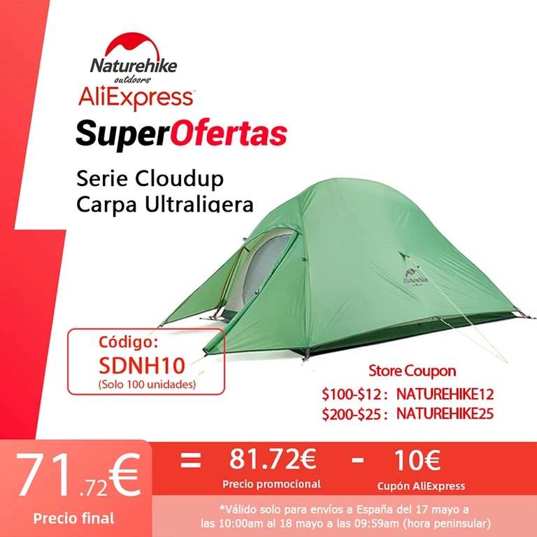 Naturehike-tienda de campaña de nailon ultraligera, serie Cloud Up, 20D, impermeable, (el 17/5 a las10:00) desde España