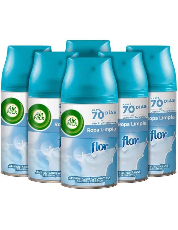 Recambios de ambientador spray automático, esencia para casa con aroma a Flor Ropa Limpia - 238 g - Pack de 6