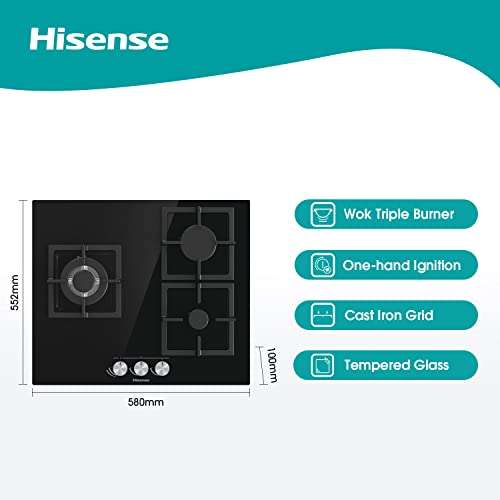 Hisense GG633B - Placa de Gas Natural, 3 Zonas, 60 cm, Parrilla de Hierro Fundido y Cristal Templado Negro