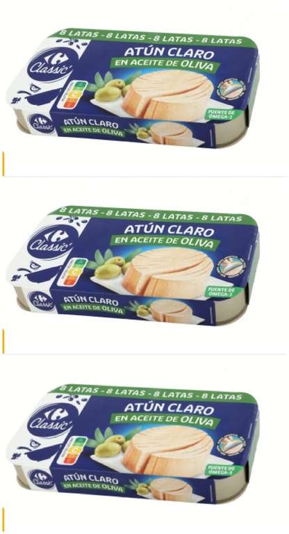 3x Atún claro en aceite de oliva Classic Carrefour pack de 8 latas de 52 g. Total 24 latas